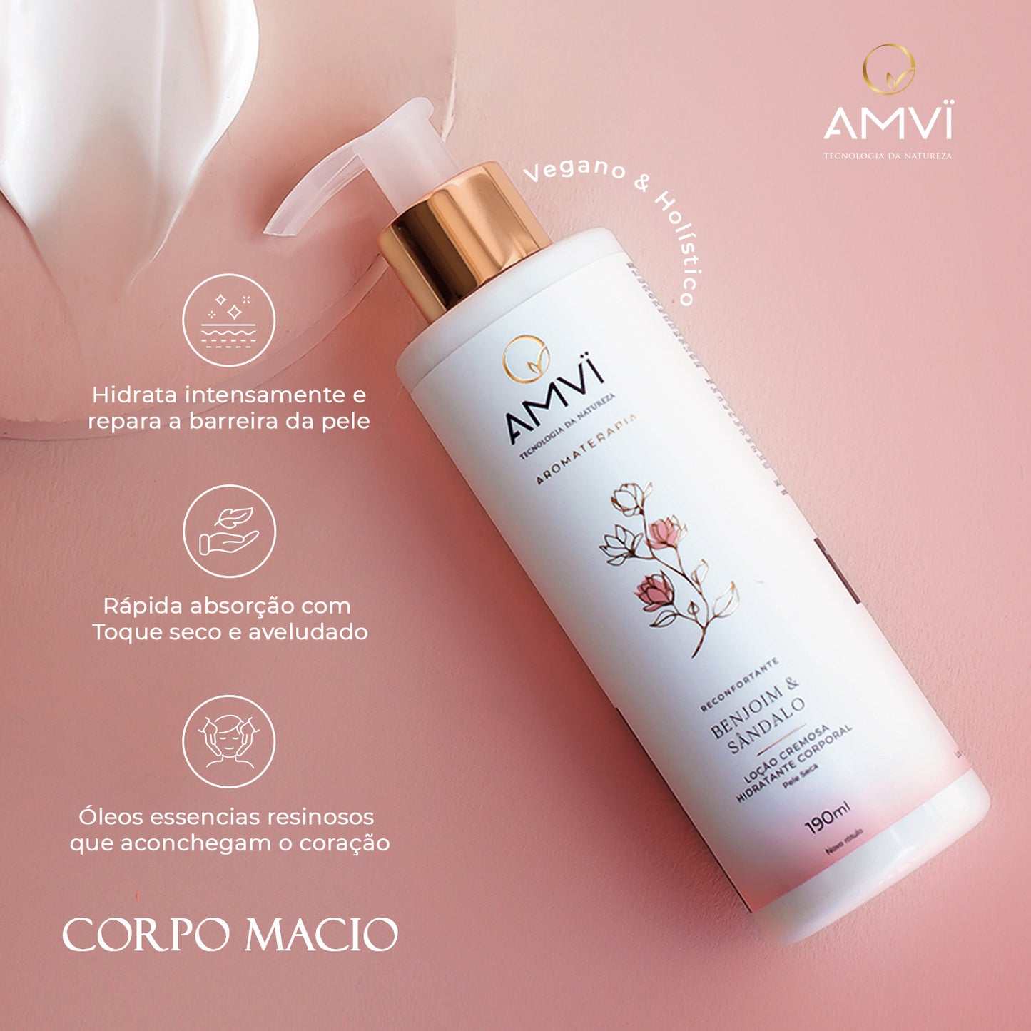 Amvi Hidratante corporal natural para peles secas. Com óleo de amendoas, oleo de coco e dexpantenol para pele mais firme e macia