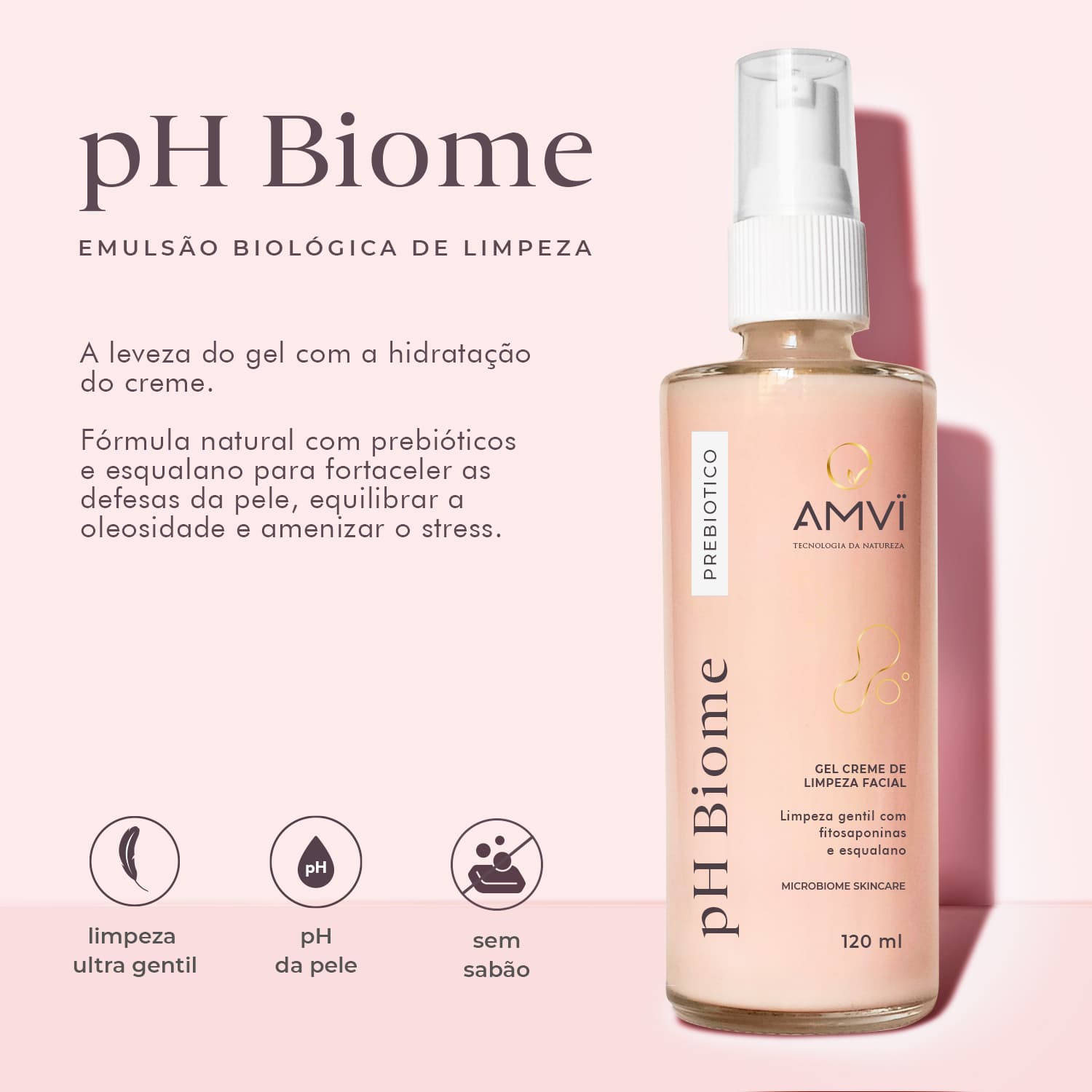O Gel de Limpeza Facial pH Biome Amvi, possui fórmula natural vegana, com tecnologia micelar hidratante. Controla a oleosidade, limpa os poros e acalma a pele. Melhor gel de limpeza para pele oleosa e com acne. Alternativa natural Bioderm e Avene.